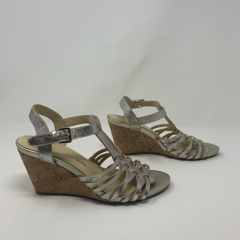 Isaac Mizrahi Live! Simmer Metallic Leather Wedge Sandals Shoes Women Size 9 M